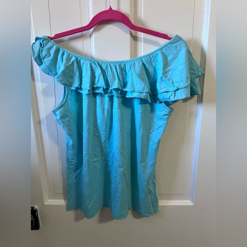 Lilly Pulitzer size large Off-Shoulder Ruffle Top in Aqua blue - Picture 2 of 5